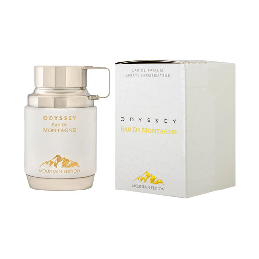 Odyssey Eau de Montagne de Armaf: frasco y caja del perfume de 100 ml.