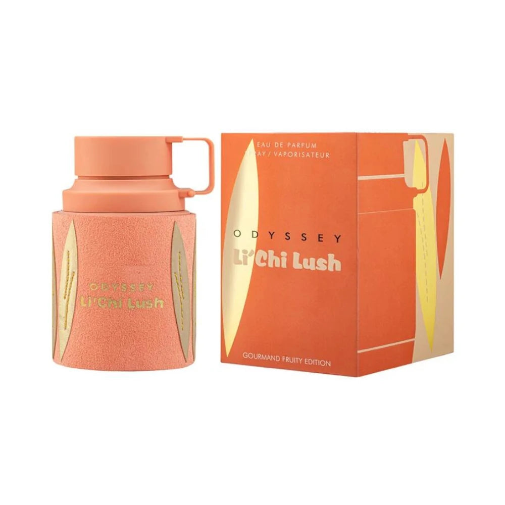 Odyssey Li'chi Lush de Armaf: frasco y caja del perfume de 100 ml.