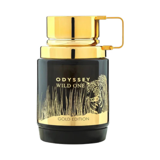 Odyssey Wild One Gold Edition de Armaf, fragancia amaderada especiada con pimienta, bergamota, jengibre y cedro