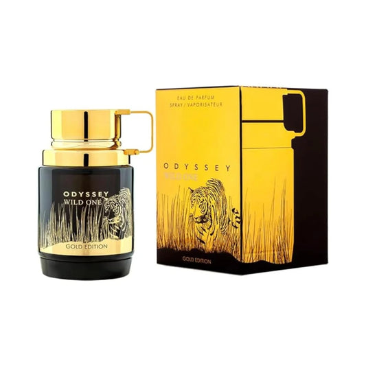 Odyssey Wild One Gold Edition de Armaf: frasco y caja del perfume de 100 ml.