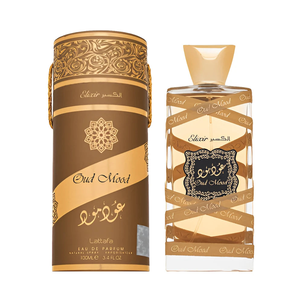 Oud Mood Elixir de Lattafa, perfume árabe ambarado amaderado especiado de carácter cálido, dulce y especiado
