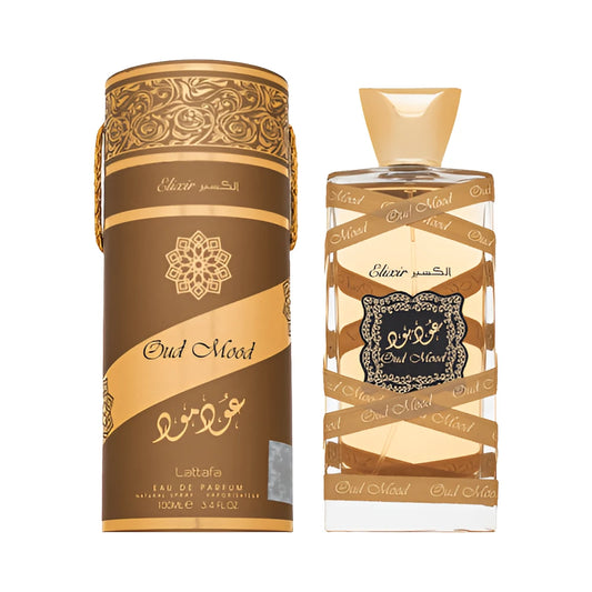 Oud Mood Elixir de Lattafa, perfume árabe ambarado amaderado especiado de carácter cálido, dulce y especiado
