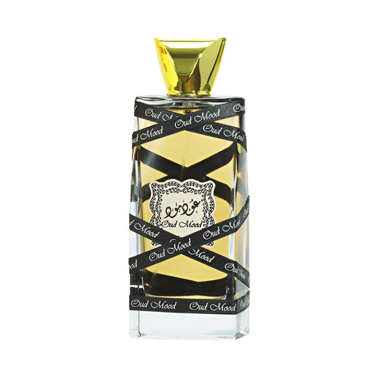 Oud Mood de Lattafa, perfume árabe ambarado amaderado especiado de carácter elegante, cálido y dulce
