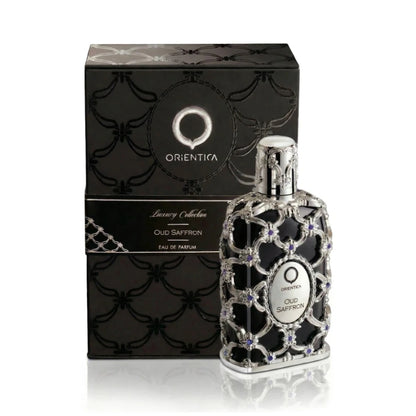 Oud Saffron de Orientica: frasco y caja del perfume de 80 ml.