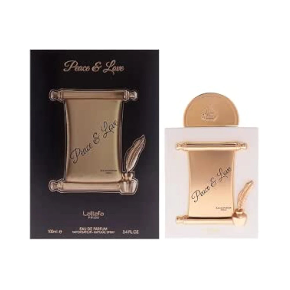 Peace & Love de Lattafa Pride: frasco y caja del perfume de 100 ml.