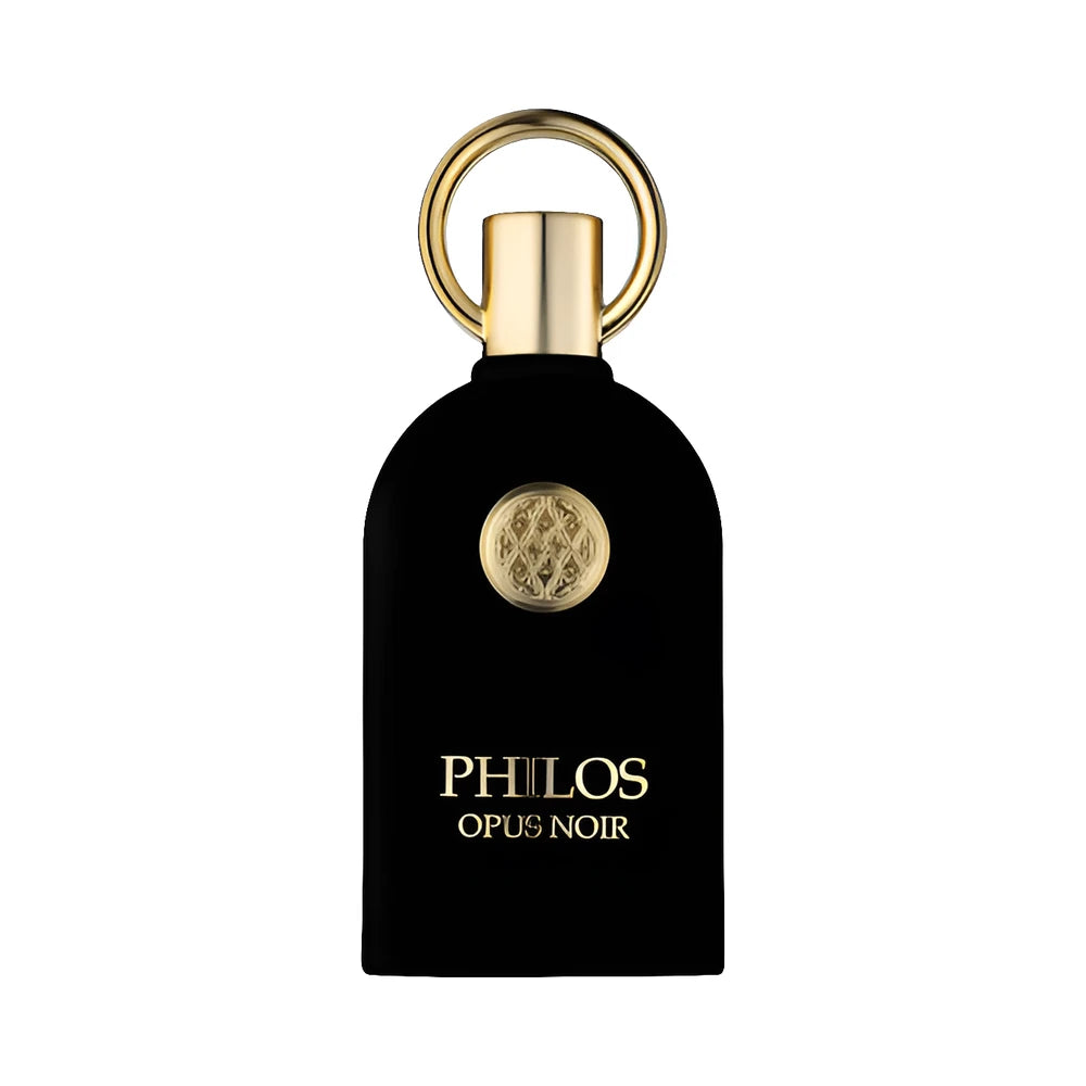 Philos Opus Noir de Lattafa, perfume árabe amaderado aromático de carácter intenso, sofisticado y envolvente