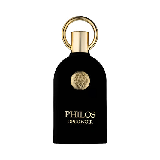Philos Opus Noir de Lattafa, perfume árabe amaderado aromático de carácter intenso, sofisticado y envolvente