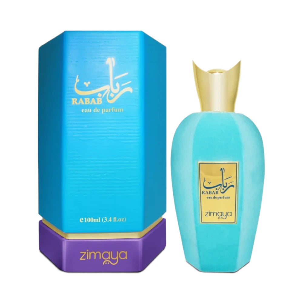 Rabab de Zimaya: frasco y caja del perfume de 100 ml.