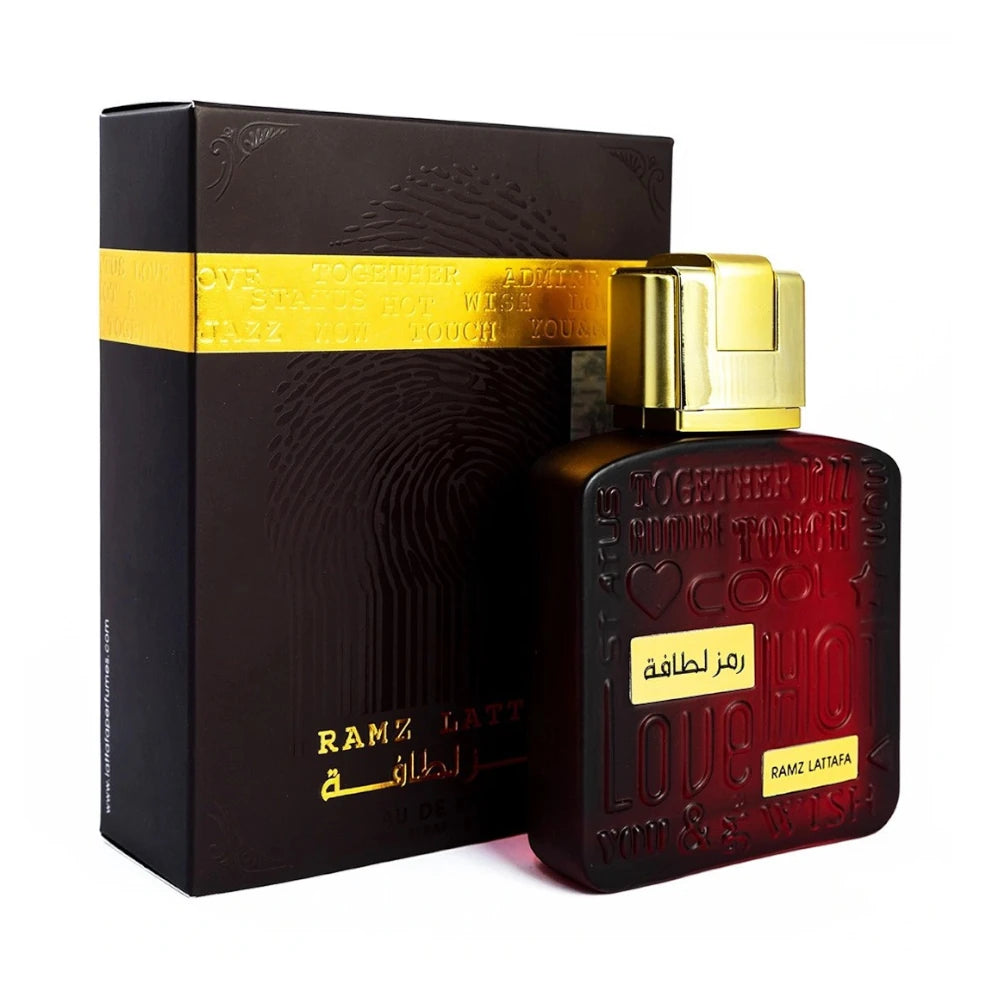 Ramz Lattafa Gold de Lattafa, fragancia floral frutal con melocotón, rosa y vainilla.