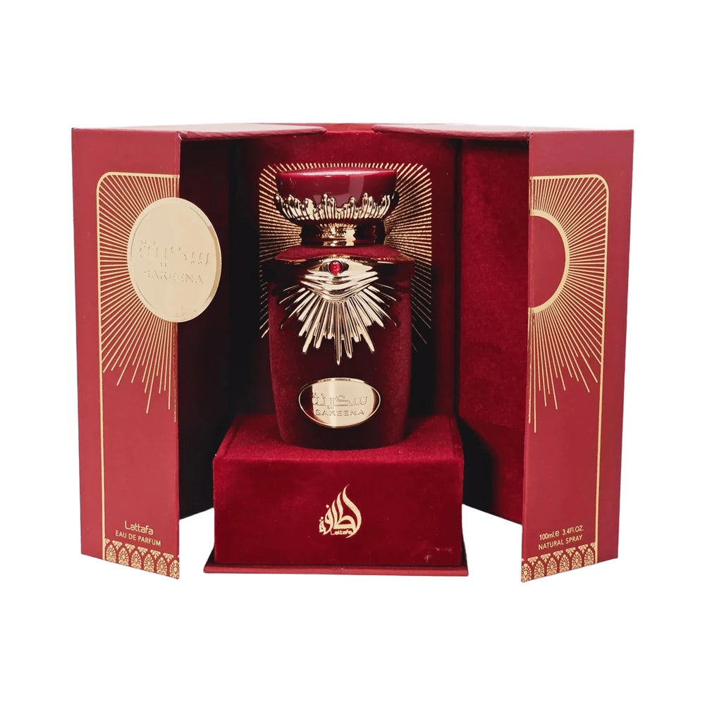 Sakeena de Lattafa, perfume árabe floral frutal gourmand de carácter sofisticado, cálido y femenino