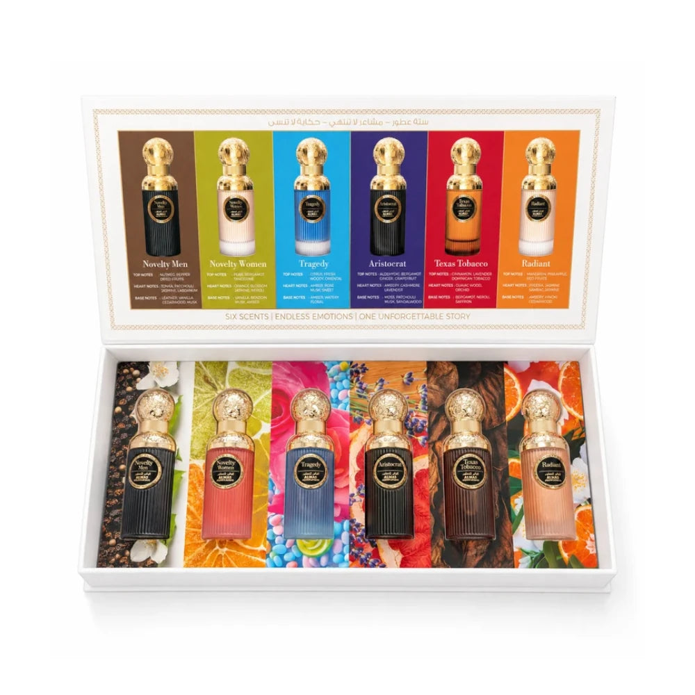 Scented Stories de Almas Perfumes, set de seis Eau de Parfum de 30 ml con perfiles florales, frutales y especiados.