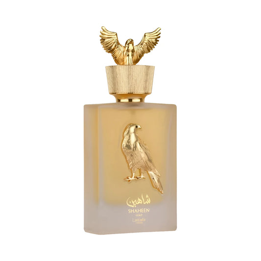 Shaheen Gold de Lattafa, perfume árabe amaderado aromático de carácter elegante, cálido y dulce