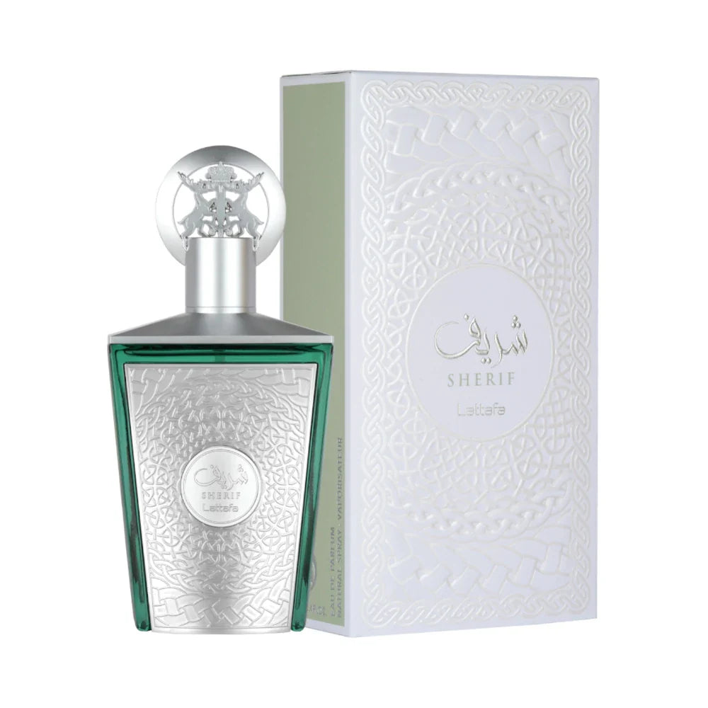 Sherif de Lattafa, fragancia amaderada aromática con manzana, cedro y ámbar. Masculina y distinguida.