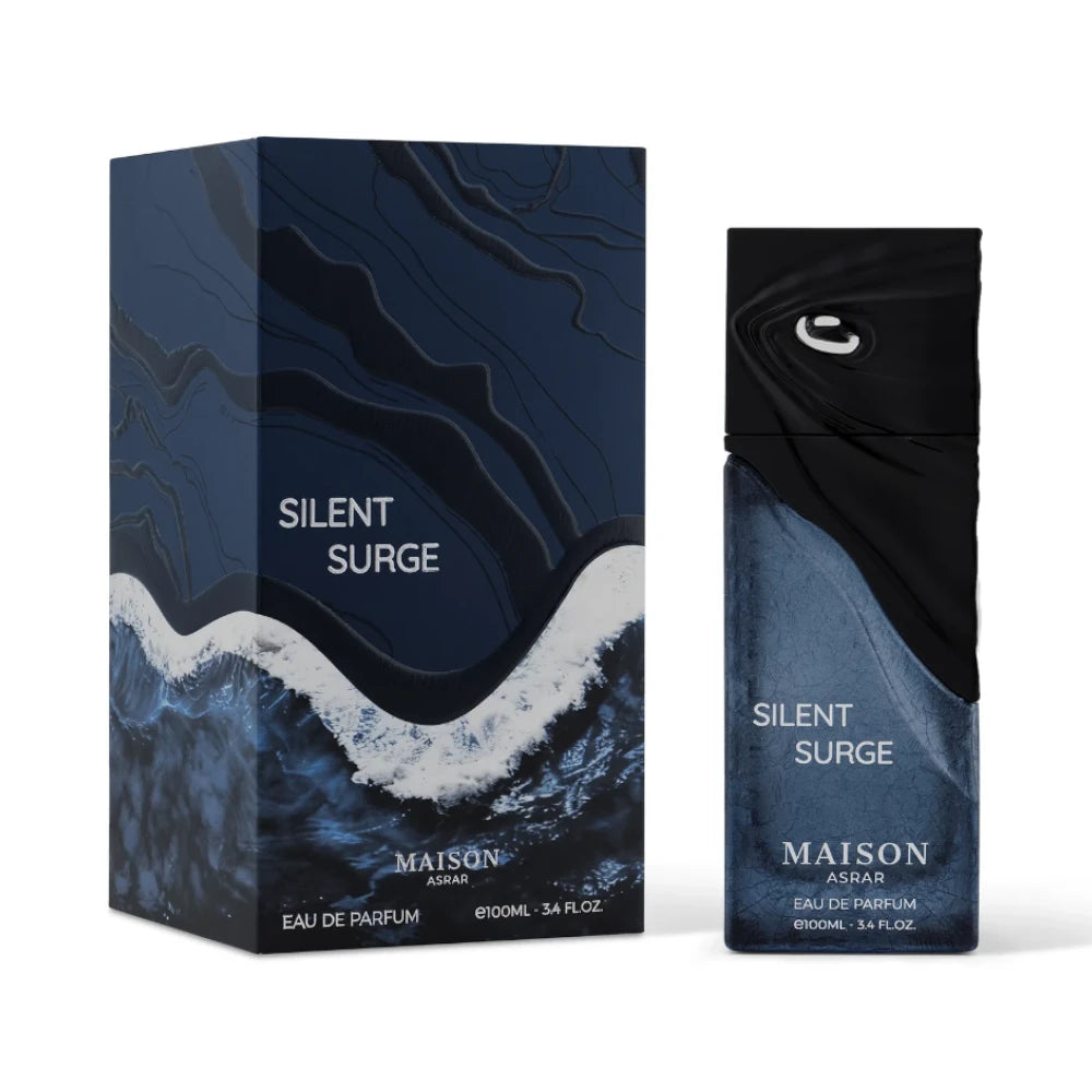 Silent Surge de Maison Asrar: frasco y caja del perfume de 100 ml.