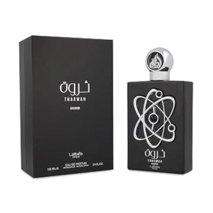 Tharwah Silver de Lattafa Pride: frasco y caja del perfume de 100 ml.