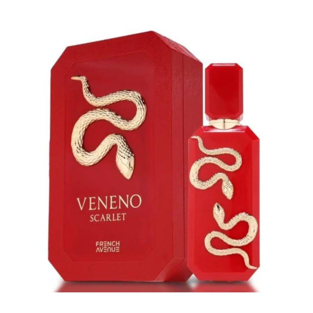 Veneno Scarlet de French Avenue, fragancia gourmand amaderada con fresa, caramelo, cedro y cuero. Dulce, intensa y magnética.