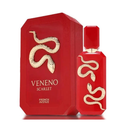 Veneno Scarlet de French Avenue, fragancia gourmand amaderada con fresa, caramelo, cedro y cuero. Dulce, intensa y magnética.