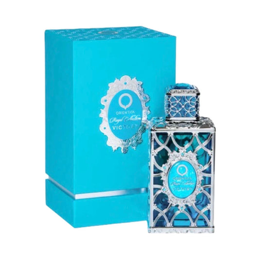 Victory de Orientica: frasco y caja del perfume de 80 ml.
