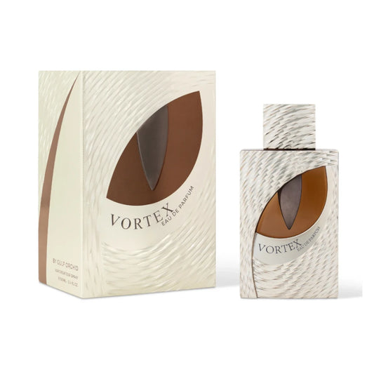 Vortex de Gulf Orchid: frasco y caja del perfume de 100 ml.